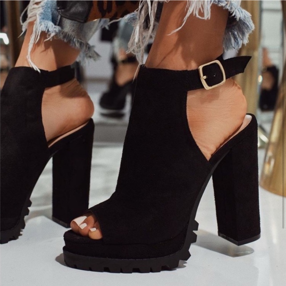Black Suede Peep-Toe Heels with Chunky Block Heel